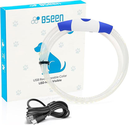 BSEEN Light Up Dog Collar - 360° Visible Rainproof LED Dog Collar Rechargeable - TPU Cuttable Glowing Pet Collar for Small Medium Large Dogs - Safety Dog Lights for Night Walking& Camping (Blue 70cm)