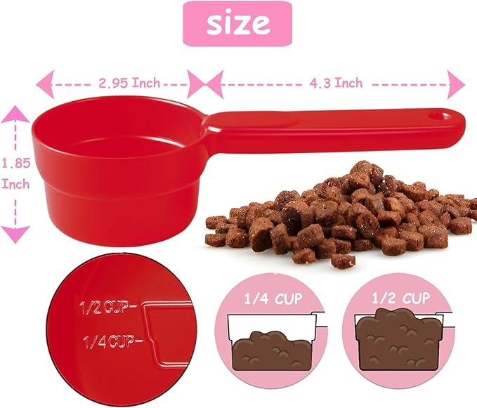 Dog Cat Food Scoop - Pet Food Scoop Dog Food Measuring Cup 1/2 1/4 Cup, Comfortable Long Handle for Easy to Scoop Food, Red 1/2 Cup