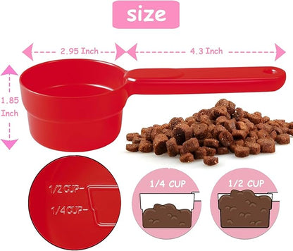 Dog Cat Food Scoop - Pet Food Scoop Dog Food Measuring Cup 1/2 1/4 Cup, Comfortable Long Handle for Easy to Scoop Food, Red 1/2 Cup