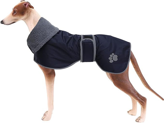Geyecete Dog Winter Coat Greyhound Raincoat Fabric with Lamb Velvet Inside Outdoor Dog Apparel with Adjustable Bands for Medium, Large Dog-Navy-L