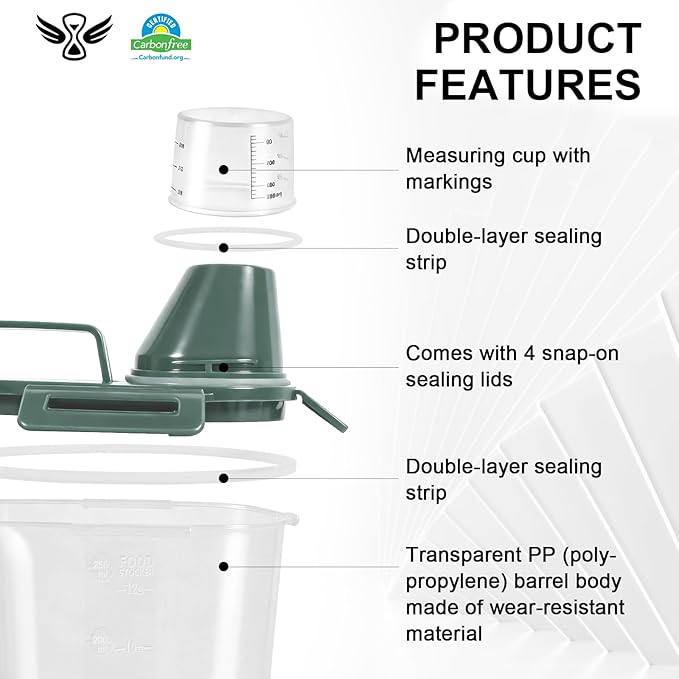 3-5Lbs Airtight Small Cat Dog Pet Food Storage Containers BPA Free, with Large Pour Spout/1 Measuring Cup/ 4 Safety Locks and Double-layer Silicone Strip (Dark Green2Pack)