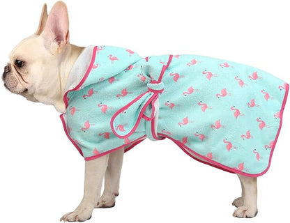 HDE Dog Bathrobe Super Absorbent Quick Drying Puppy Towel Wrap Coat Adjustable After Bath Robes with Hood for Dog Sizes S-XXL Flamingos S