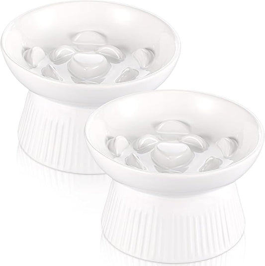 Layhit 2 Pack Raised Slow Feeder Cat Bowls Ceramic Elevated Cat Food Bowls Anti Vomiting Slow Feeder for Dog and Kitten for Dry and Wet Food(White)