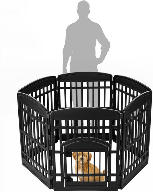 IRIS USA Dog Playpen 34" 6-Panel Dog Playpen with Door, 44 x 63 x 34, Puppy Fence, Puppy Playpen, Dog Play Pen Indoors, Pet Fence, Puppies/Small Dogs, Black