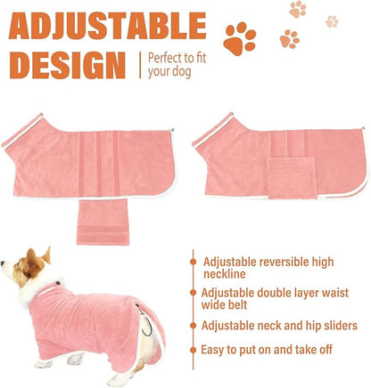 Dog Robe - Fast Drying Towel - Microfiber Super Absorbent Pet Bathrobe, Adjustable Collar & Belly Strap (Pink, Medium)
