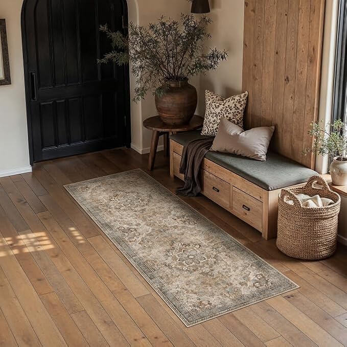 Brown Runner Rug 2x6 Washable Vintage Long Carpet Low Pile Traditional Distressed Retro Accent Indoor Hallway Throw Rug Non Slip for Kitchen Laundry Bathroom Dining Room