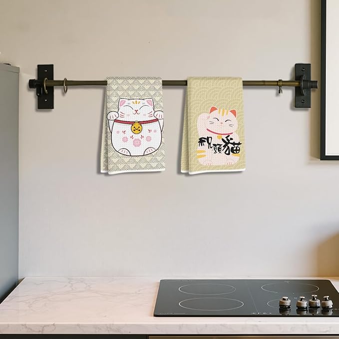 2 Pcs Japanese Lucky Cat Kitchen Towels 24x14 Inch, Maneki Neko Gifts Reusable Dish Towels for Kitchen Bathroom Decor, Waffle Weave Hand Cloth Tea Towel, Cute Cat Lover Gifts for Women Mom Friend