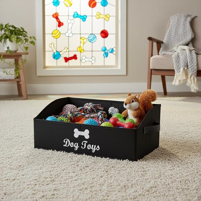 Morezi Linen-cotton blend dog toy basket and dog toy box, dog toy basket storage - Perfect for organizing pet toys, blankets, leashes, chew toys - Black - Dog