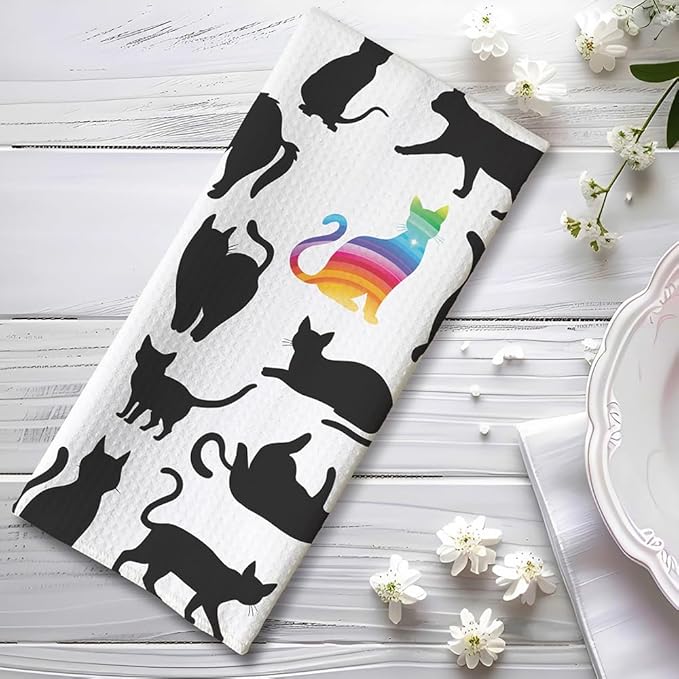 Funny Kitchen Towels - Rainbow Prismatic Feline Centerpiece Among Midnight Cat Flock, Empowering Decorative Hand Towel for Unique Cat Ladies & Nonconformist Pet Moms | Quick-Dry Novelty Dish Cloth