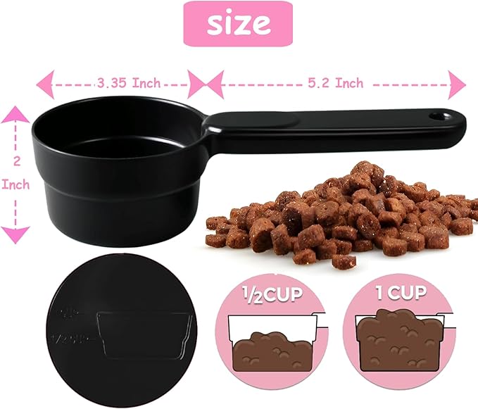 Dog Food Scoop 1 Cup 1/2 Cup - Melamine Dog Food Measuring Cup, Pet Food Scoop for Dog Cat...Comfortable Long Handle for Easy to Scoop Food, Black 1 Cup