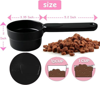 Dog Food Scoop 1 Cup 1/2 Cup - Melamine Dog Food Measuring Cup, Pet Food Scoop for Dog Cat...Comfortable Long Handle for Easy to Scoop Food, Black 1 Cup