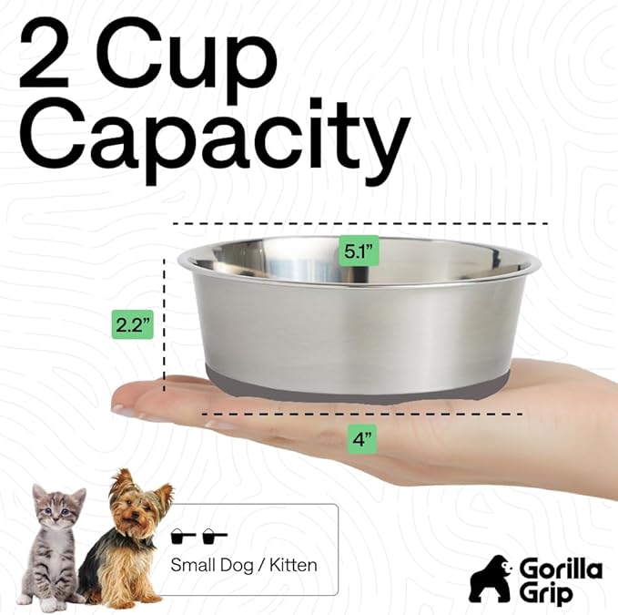 GORILLA GRIP Dog Bowls, Heavy Duty 304 Stainless Steel, Holds 2 Cups Each (16 fl oz) Food and Water Bowl for Feeding Dogs and Cats, Dishwasher Safe, Rust Resistant, BPA Free Rubber Base Set of 2 Gray