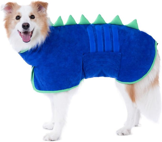 Super Absorbent Dog Bathrobe, Microfiber Bath Robe Towel for Fast Drying, Cozy Fit, Adjustable Belly Strap, Unique Dinosaur Design Dog Drying Coat for Bath, Rainy Walks & Cold Weather