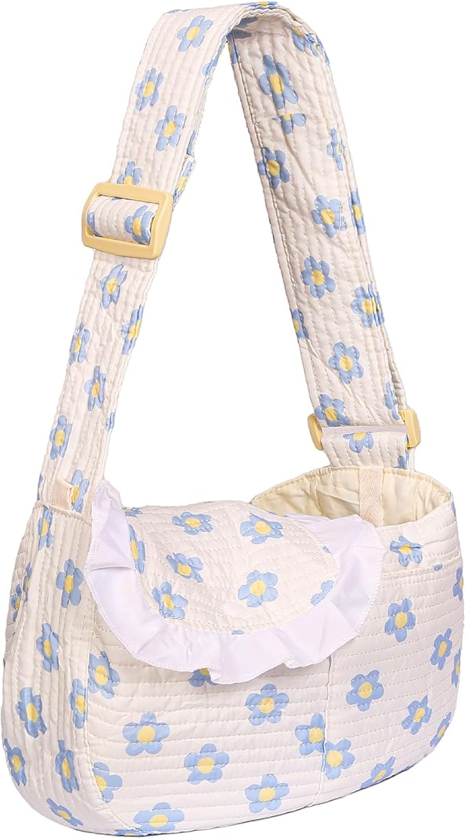 Floral Dog Carrier Bag for Cats & Small Dogs,Carry 10-20LBS Pet Purse, Hands-Free Cat Sling with Adjust Strap, Crossbody Puppy Sling Bag with Safety Buckle, Gifts for Pets Mom (Blue Daisy, Medium)
