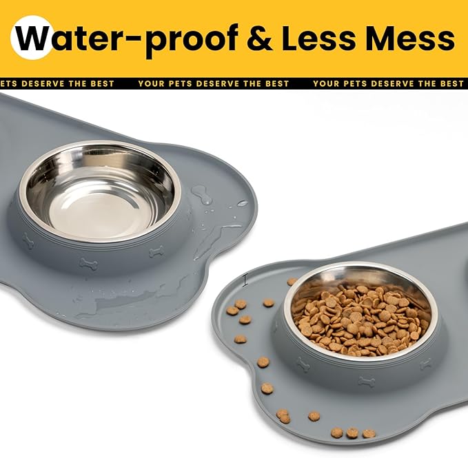Dog Bowls with Non-Slip Silicone Mat, Spill Proof Large Food & Water Bowls Set, Easy Clean Dog Food Dish, Dishwasher Safe, Suitable for Dogs Cats Pet Under 90lbs, Large, Grey