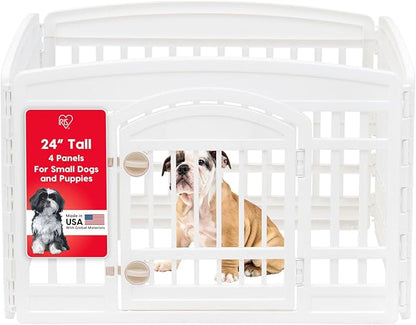 IRIS USA 24" Dog Playpen 4-Panel Pet Exercise Pen with Door Gate 35 x 35 x 24 Puppy Play Pen Indoor Outdoor Plastic Foldable Portable Pet Fence for Small Medium Dogs Puppies Multiple Pets White