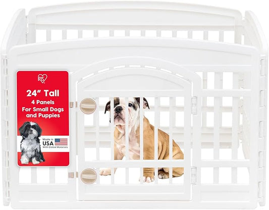 IRIS USA 24" Dog Playpen 4-Panel Pet Exercise Pen with Door Gate 35 x 35 x 24 Puppy Play Pen Indoor Outdoor Plastic Foldable Portable Pet Fence for Small Medium Dogs Puppies Multiple Pets White