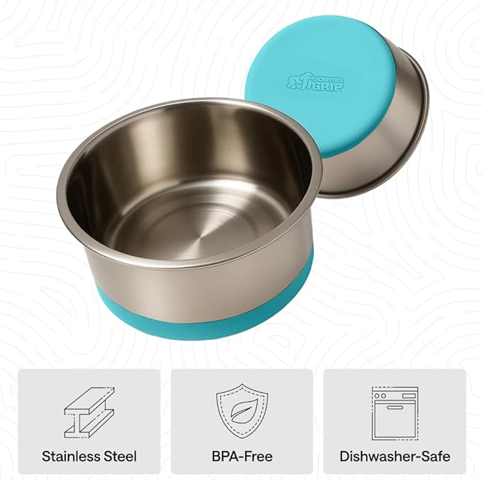 GORILLA GRIP Dog Bowls, Heavy Duty 304 Stainless Steel, Holds 1 Cup Each (8 fl oz) Food and Water Bowl for Feeding Dogs and Cats, Dishwasher Safe Rust Resistant BPA Free Rubber Base Set of 2 Turquoise