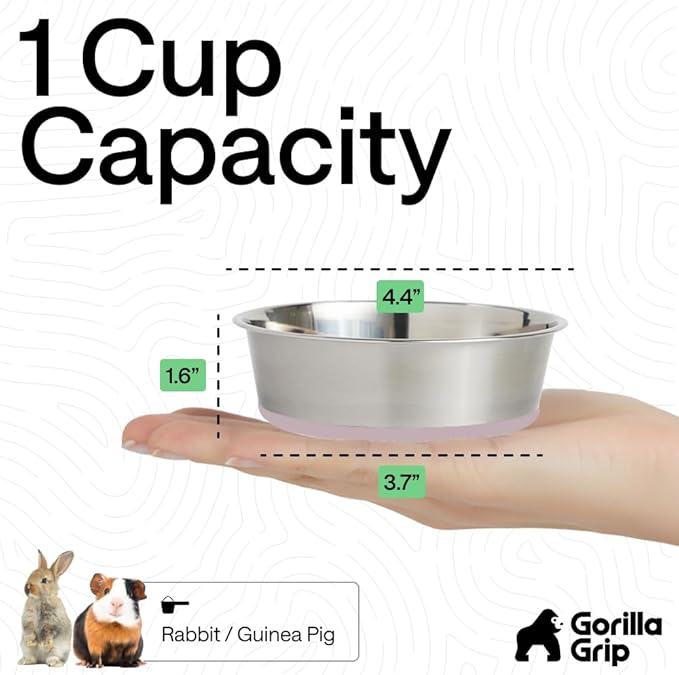 GORILLA GRIP Dog Bowls, Heavy Duty 304 Stainless Steel, Holds 1 Cup Each (8 fl oz) Food and Water Bowl for Feeding Dogs and Cats, Dishwasher Safe, Rust Resistant, BPA Free Rubber Base Set of 2 Pink
