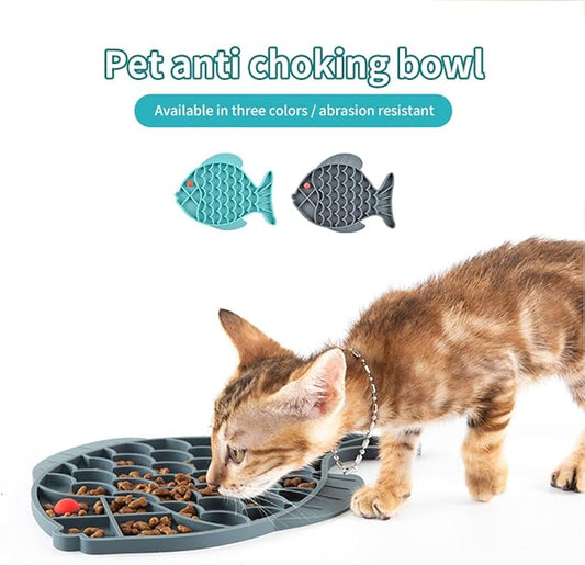 Slow Feeder Cat Bowls, 2 Pack Fish-Shaped Silicone Puzzle Feeders for Healthy Eating & Anxiety Relief - Lick Treat Mat for Dogs & Cats (Blue+Grey)