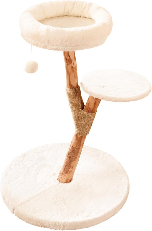 Modern Cat Tree Tower for Indoor Cats, 2-Tier Cat Furniture with Natural Wood Posts, Soft Plush Bed, Scratching Post & Hanging Ball Toy, Stylish Cat Climbing Tower