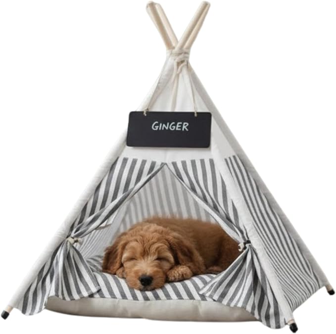Glow Pups Pet Teepee, Cozy Retreat Dog Teepee with Thick Cushion, Portable and Foldable Canvas Pet Tent for Small Dogs and Cats up to 33lbs, Grey and White Striped