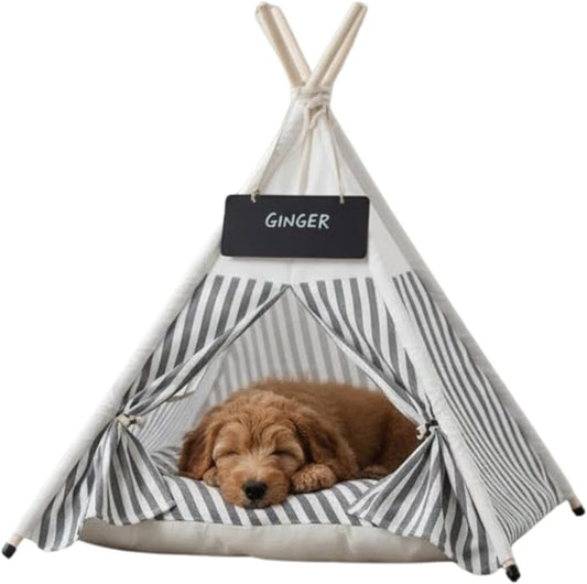 Glow Pups Pet Teepee, Cozy Retreat Dog Teepee with Thick Cushion, Portable and Foldable Canvas Pet Tent for Small Dogs and Cats up to 33lbs, Grey and White Striped