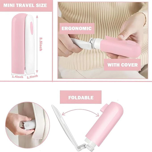 Mini Travel Lint Roller with 300 Sticky Sheets, Compact Portable Pet Hair Remover with Cover for Clothes, Travel, Small Foldable Lint Roller for Purse Car Bag Essentials (Pink and White)