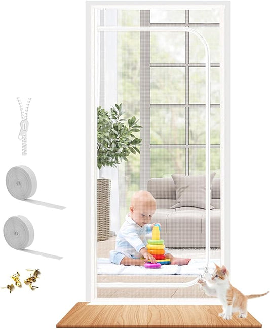 Dixutzi Reinforced Cat Screen Door Fits Door Size 35''x 80'', Heavy Duty Pets Proof Screen with Zipper, Prevent Dogs Cats Running Out from Home (White)