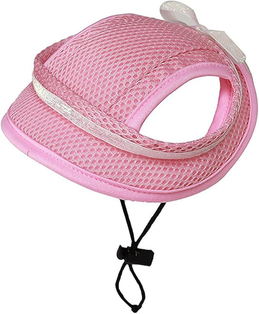 Round Brim Princess Hat Visor Hat Pet Dog Mesh Porous Sun Hat with Ear Holes for Small, Extra Small Dog Teddy, Pug, Chihuahua, Shih Tzu, Yorkshire Terriers, Papillon Pink with bowknit S