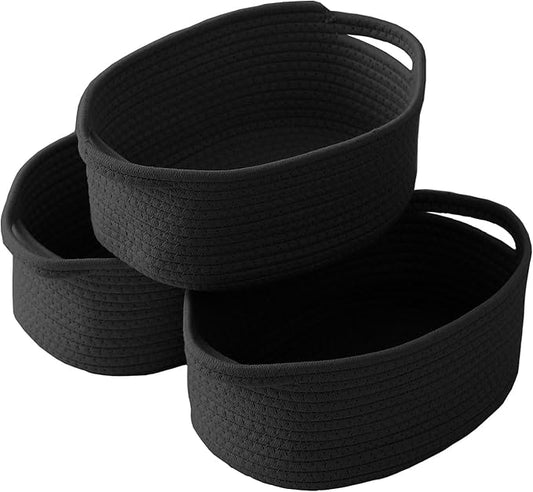 Woven Basket,Small Rope Storage Bin with Handles & Ribbon Bag, Organizer for Shelves Closets,Gift Basket Empty for Birthday,Books,Dog Toys, Black/3 Pack