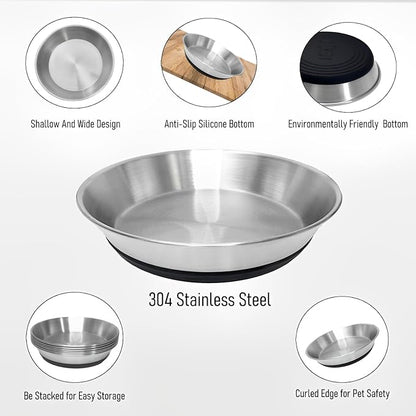 2 Pack Stainless Steel Whisker Friendly Shallow and Wide Cat Bowls for Food and Water, Non-Slip Silicone Cute Bottom for Small Dog Puppies Cats.