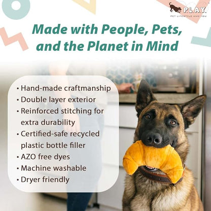 P.L.A.Y. Cute Plush Dog Toys - Brunch Food Themed Durable Squeaker Chew Toy, Great for Puppies & Small, Medium, Large Dogs - Machine Washable, Recycled Materials (Pup's Pastry Croissant, X-Small)