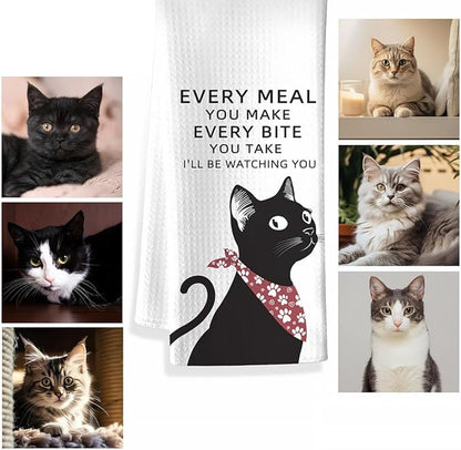 Cat Kitchen Towels - Quick-Dry 'Culinary Watchdog' Cat Hand Towels Observant Black Feline Art, Decorative Dish Towel for Amused Pet Moms | Whimsical Home Accent & Humorous Dining Companion Gift