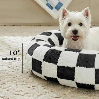 Checkered Dog Bed, Cute Black White Retro Style Aesthetic Round Warming Pet Calming Beds for Small Dog and Cats, Plush Cozy Donut Dog Beds Washable, 30" L x 30" W x 8" Th