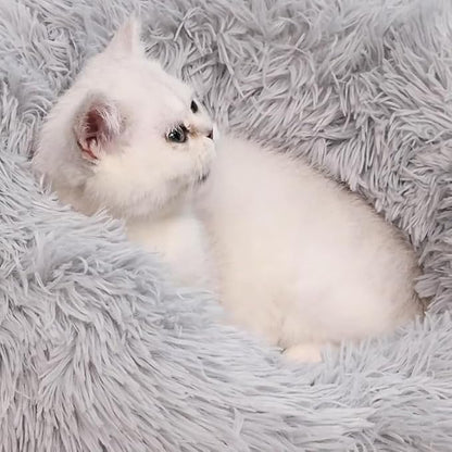 Fluffy Donut Cat Bed for Indoor Cats Kitten Bed Bunny Pillow Small Round Plush Calming Dog Bed Warm Cozy Pet Cushion for Cats Dogs Rabbits Under 3kg