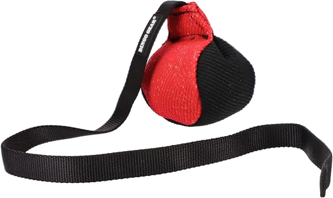 Dingo Gear French Linen Ball for Dog Training, as Reward for Fetch tug of war, with Long Handle, Handmade, red-Black S02813