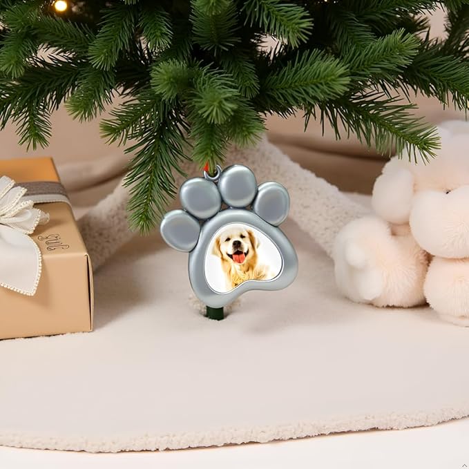 Pearhead Pawprint Photo Ornament, Dog or Cat Christmas Tree Decoration, Pet Memorial Keepsake Picture Frame, Classic Holiday Home Decor, Silver Metal