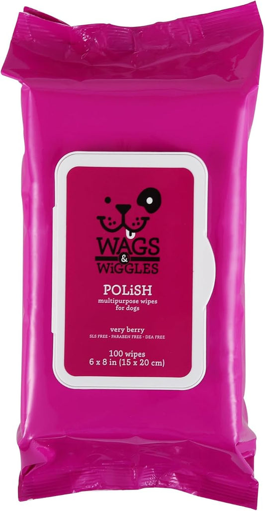 Wags & Wiggles Polish Multipurpose Wipes for Dogs, Very Berry Scent - Scented Dog Wipes Clean & Condition Your Dog's Coat Without A Bath, 100 Count