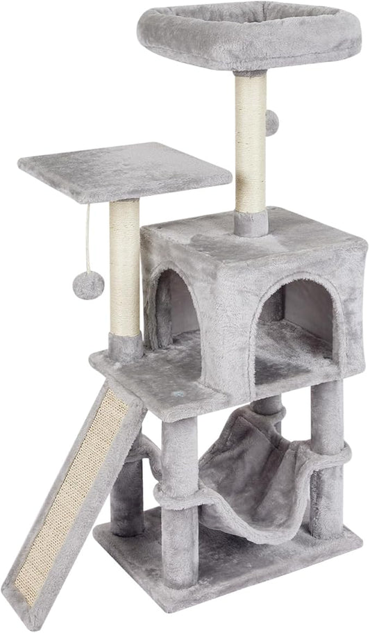MIAO PAW Grey Cute Cat Tree for Indoor Cat Tower with Scratching Post Modern Activity House Hammock Hanging Ball Condo with Board