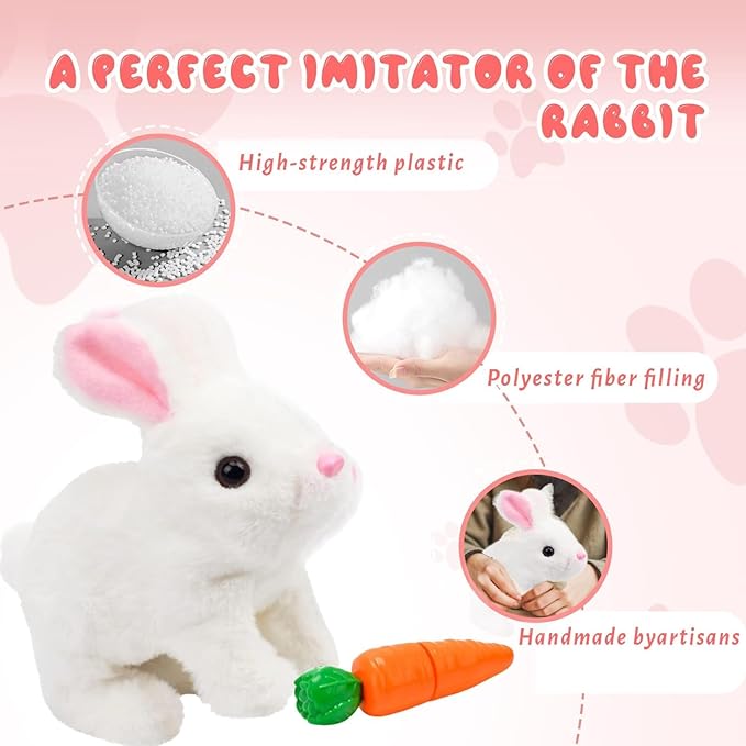 Bunny Stuffed Animal Plush, Interactive Electronic Pet Hopping Bunny Toy, Realistic Stuffed Easter Bunny Rabbit with Sounds and Movements Animated Walking Wiggle Ears Twitch Nose (Pink)