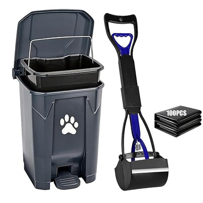 Dog Poop Trash Can Outside with Pooper Scooper, Outdoor Dog Waste Trash Can with Lid Waste Bag Odor Control for Yard Garden, 20L Grey