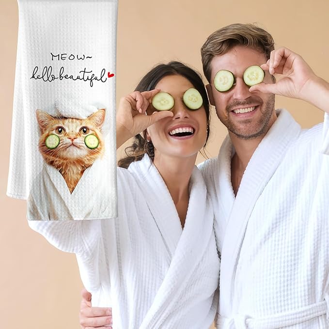 Cat Kitchen Towels - Quick-Dry Funny Bathroom Hand Towels with Cucumber Mask Feline Art, Decorative Dish Towel for Self-Care Enthusiasts & Pet Moms | Home Accent & Crazy Cat Lady Gifts