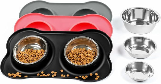 Dog Bowls with Non-Slip Silicone Mat, Spill Proof Large Food & Water Bowls Set, Easy Clean Dog Food Dish, Dishwasher Safe, Suitable for Dogs Cats Pet Under 90lbs, Large, Black
