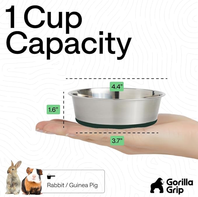 GORILLA GRIP Dog Bowls, Heavy Duty 304 Stainless Steel, Holds 1 Cup Each (8 fl oz) Food and Water Bowl for Feeding Dogs and Cats, Dishwasher Safe, Rust Resistant, BPA Free Rubber Base Set of 2 Green