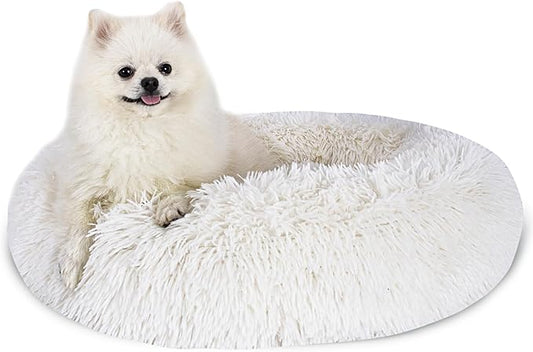 Calming Dog Bed for Small Dogs Cats, Kitty Puppy 23'' Round Anti-Anxiety Warm Fluffy Plush Faux Fur Bed, Soft Anti-Slip Donut Washable Small Pet Bed, Cozy Cat Puppy Bed, Fits up to 30 lbs Pets