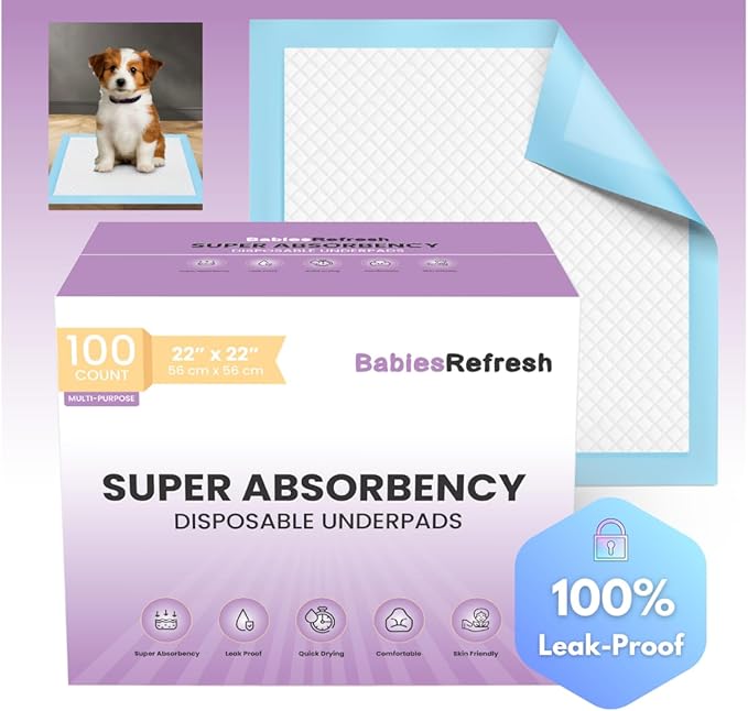 100 Count Super Absorbency Medium 22” x 22" Disposable Underpads, Leakproof Quick Drying for Multi-use for Babies, Puppy Pads and Adults, Potty Training Pads, Pet Pee Pads, Cat Pee Pads, Blue