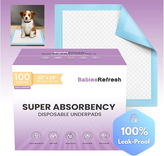 100 Count Super Absorbency Medium 22” x 22" Disposable Underpads, Leakproof Quick Drying for Multi-use for Babies, Puppy Pads and Adults, Potty Training Pads, Pet Pee Pads, Cat Pee Pads, Blue