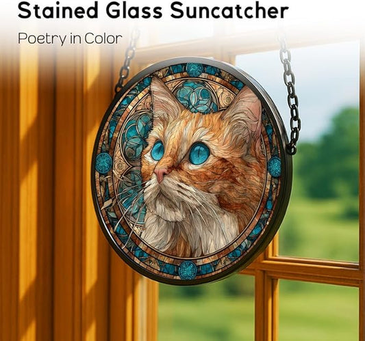 Stained Glass Window Hanging， Cat Face 7.8in Sun Catchers Indoor Window， Core Decor Inside and Outside The Cottage， Cat Lover Decor， Decorative Gifts for Women