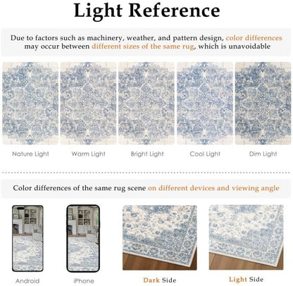 Washable Runner Rug 2x8 for Hallway Blue Vintage Long Carpet Soft Low Pile Non Slip Throw Rug Floral Distressed Accent Rug for Entryway Bathroom Office Laundry Dining Room